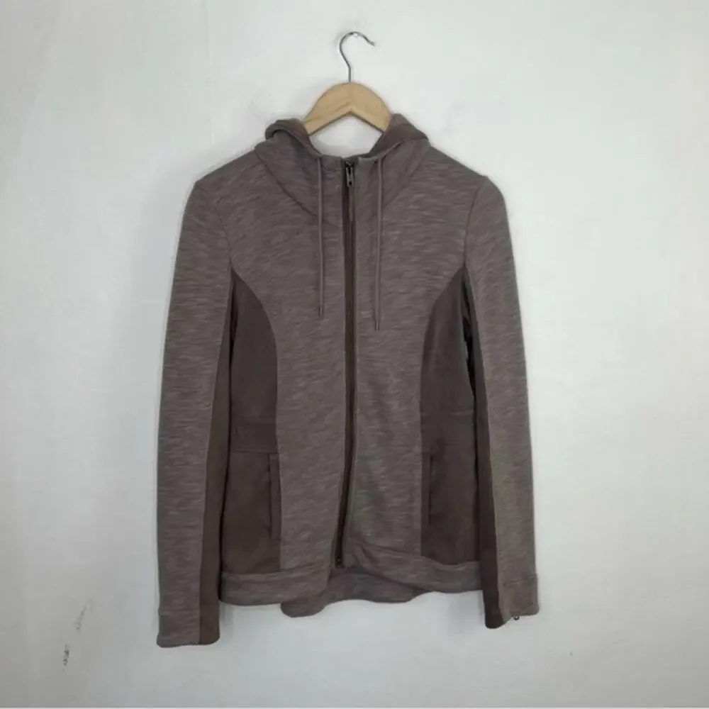 Anthropologie Akemi + Kin Taupe Abbe Full Zip Faux Suede Panel Hoodie Sweatshirt - Picture 15 of 15